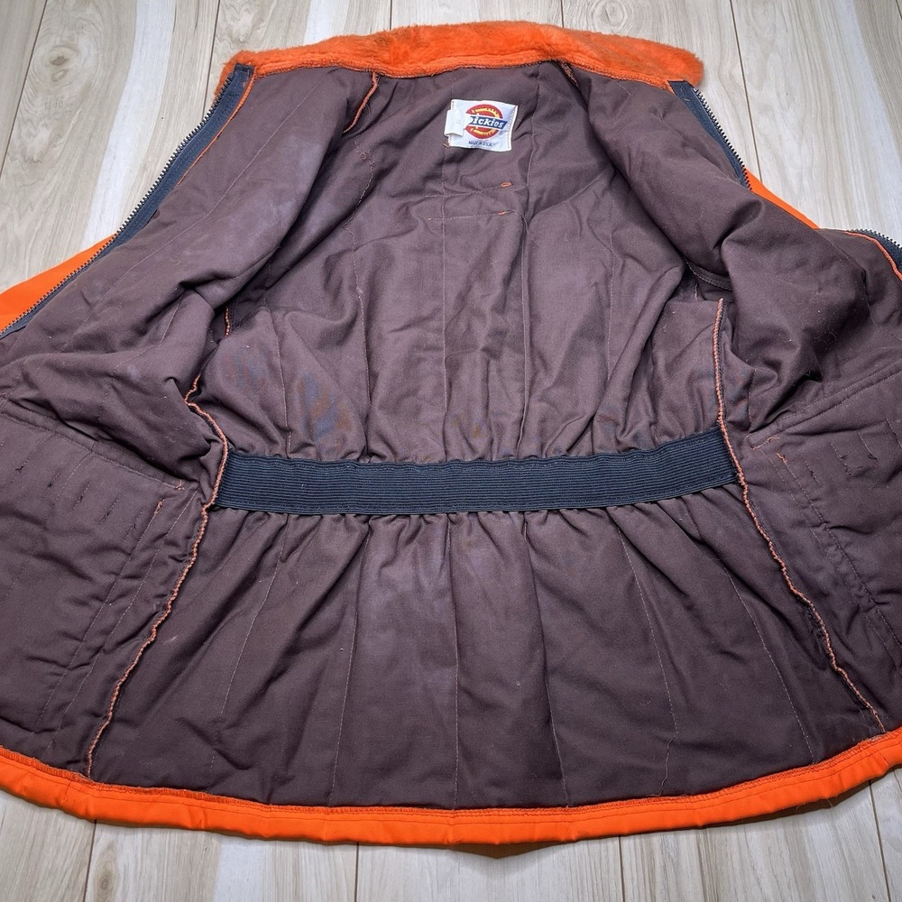 VTG Dickies Hunting Jacket Mens Large Orange Quilted Fur Collar Made In USA - Picture 13 of 13